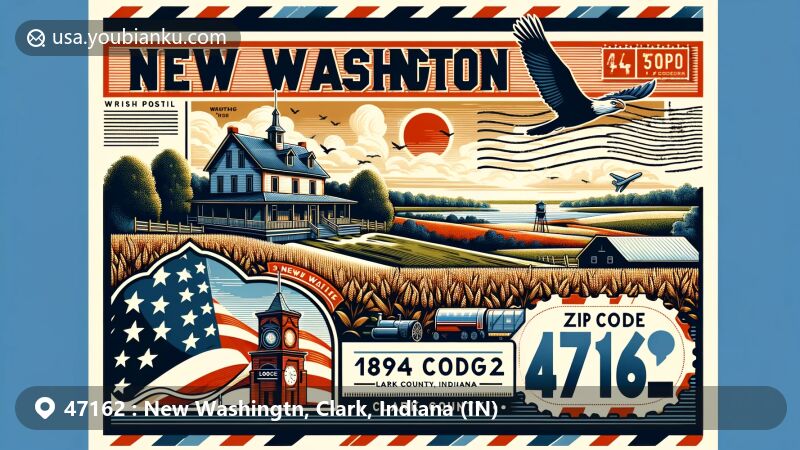 Modern illustration of New Washington, Clark County, Indiana, featuring ZIP code 47162, showcasing the scenic landscape, 1894 Lodge, vintage postcard elements, and airmail envelope border.