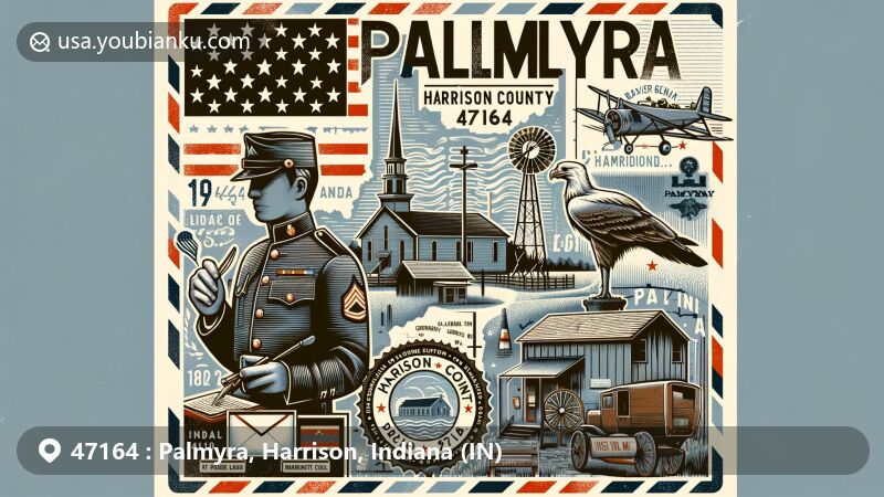 Modern illustration of Palmyra, Harrison County, Indiana, showcasing postal theme with ZIP code 47164, featuring geographical elements and historical reference to Brigadier General John Hunt Morgan's Confederate forces camping after the Battle of Corydon.