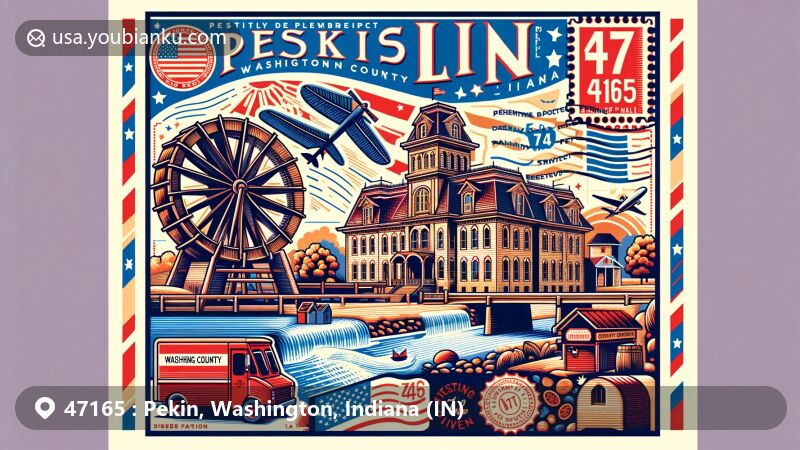 Modern illustration of Pekin, Washington County, Indiana, featuring historic Beck's Mill and the iconic Washington County Courthouse, highlighting Fourth of July celebrations with postal motifs and vibrant colors.