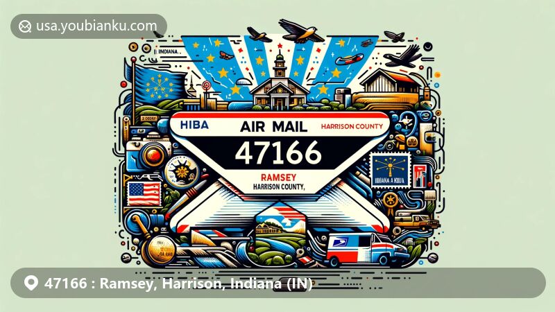 Modern illustration of Ramsey, Harrison County, Indiana, showcasing postal theme with ZIP code 47166, featuring Indiana's state flag, Harrison County outline, and cultural landmarks.