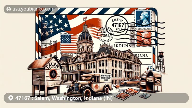 Modern illustration of Salem, Indiana, highlighting airmail theme with Washington County Courthouse, Beck's Mill, American and Indiana flags, postal stamps, postmark with ZIP code 47167, postal vehicle, and mailbox.