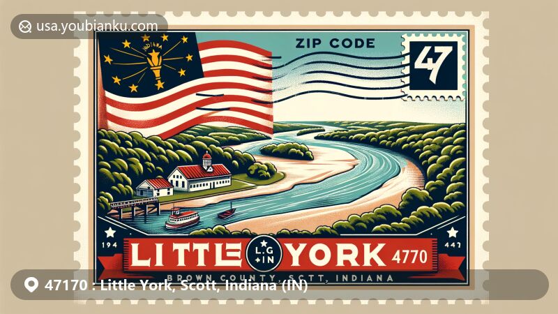 Modern illustration of Little York, Scott County, Indiana, featuring the Ohio River, Brown County State Park, vintage postcard design with postal elements, and Indiana state flag.