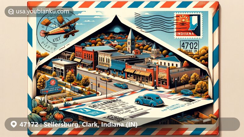 Modern illustration of Sellersburg, Indiana, showcasing local charm and community spirit within ZIP code 47172, featuring Hope Coffee Co., parks, and Clark Regional Airport.