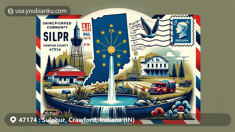 Modern illustration of Sulphur, Crawford County, Indiana, featuring airmail envelope design with White Sulphur Well, ZIP code 47174, postal motifs, and Indiana state flag.