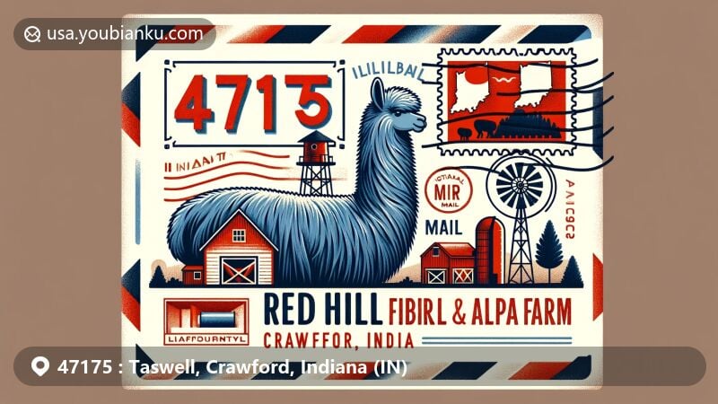 Modern illustration of Taswell, Crawford County, Indiana, featuring Red Hill Fiber Mill & Alpaca Farm, with vintage air mail envelope, alpaca motif, Indiana state stylization, and postal stamp.