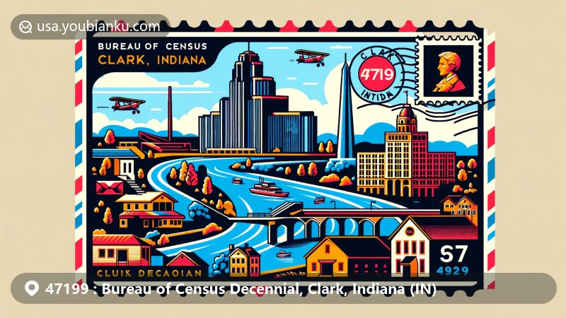 Vibrant illustration of Bureau of Census Decennial, Clark, Indiana, featuring ZIP code 47199, showcasing historical significance and cultural diversity.