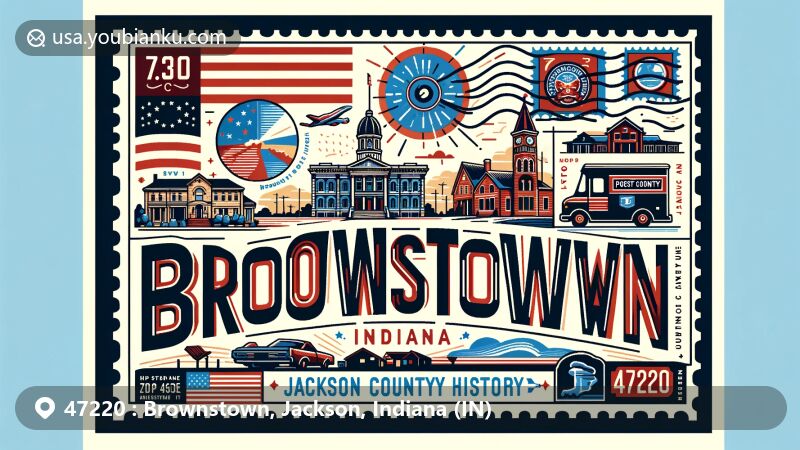 Modern illustration of Brownstown, Jackson County, Indiana, featuring vintage postcard layout with iconic landmarks like Jackson County History Center, reflecting historical heritage and small-town charm, and postal elements such as ZIP Code 47220, Indiana state flag, and postal symbols.