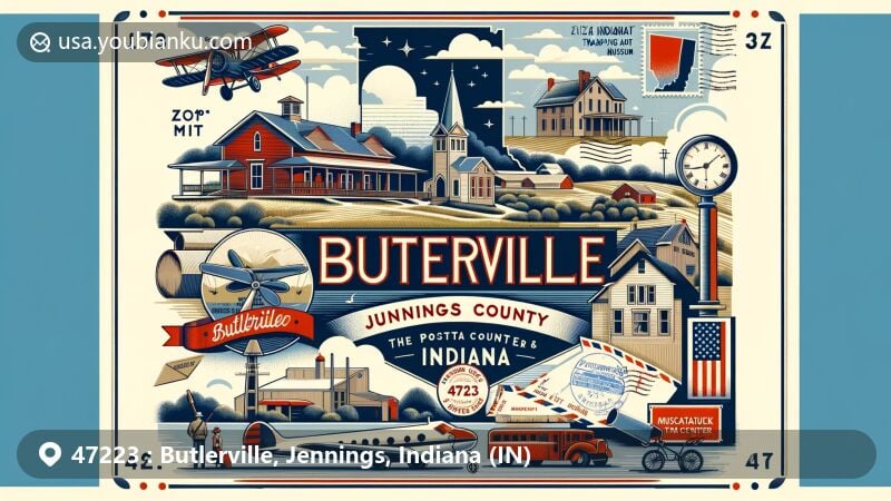 Modern illustration of Butlerville, Jennings County, Indiana, with ZIP code 47223, featuring Muscatatuck Training Center Museum and vintage air mail elements.