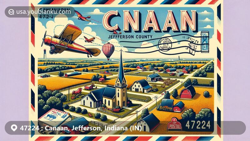 Vibrant illustration of Canaan, Indiana, with ZIP code 47224, showcasing the community's essence through landmarks like the Indian-Kentuck Baptist Church, Canaan Fall Festival, and Pony Express Mail Run.