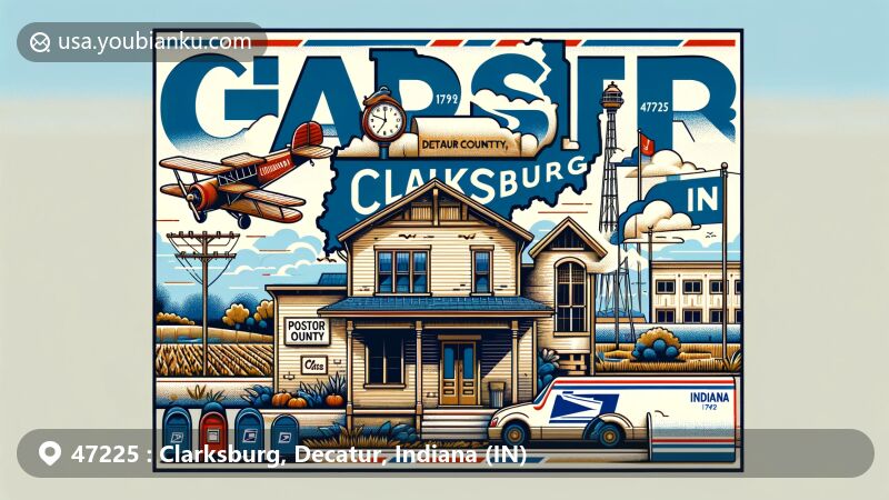 Modern illustration of Clarksburg, Decatur County, Indiana, capturing postal motifs with an old post office facade, mailbox, and airmail envelope showcasing ZIP Code 47225. Features outline of Decatur County and typical Midwestern landscapes, subtly incorporating Indiana state flag for local touch.