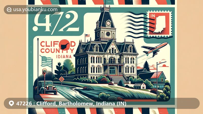 Contemporary illustration of Clifford, Bartholomew County, Indiana, showcasing postal theme with ZIP code 47226, featuring modern postcard design with Indiana state outline, postmark, and postal delivery symbol.