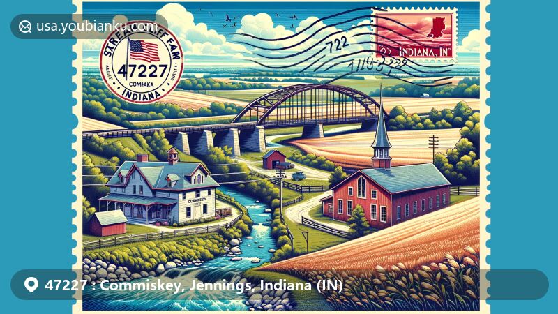 Modern illustration of Commiskey, Indiana, with ZIP code 47227, featuring Stream Cliff Farm and James Bridge over Graham Creek in a vintage postcard design showcasing Indiana's rural charm and traditional farming landscapes.