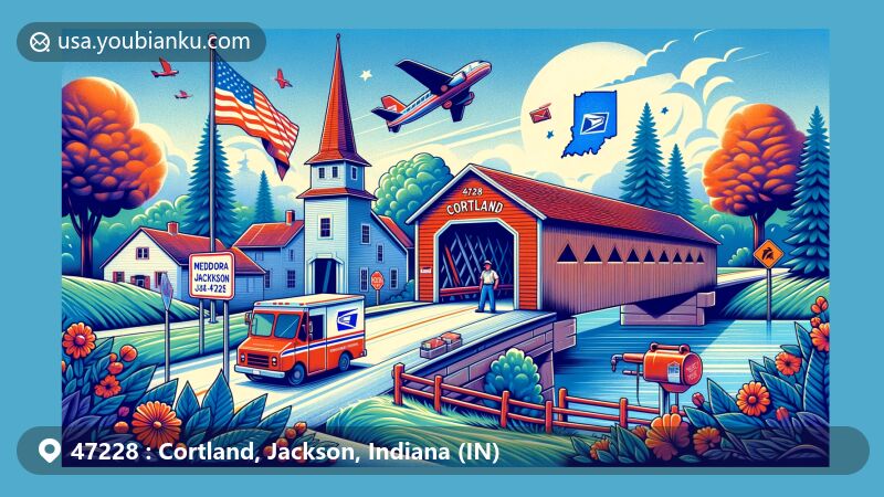 Modern illustration of Cortland, Jackson County, Indiana, featuring Medora Covered Bridge and American postal elements, with ZIP code 47228 and the US flag.