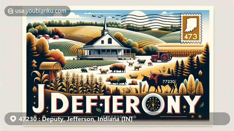 Modern illustration of Deputy area, Jefferson County, Indiana, with ZIP code 47230, featuring agricultural scenes, Deputy Camp Meetings pavilion, karst topography, and Indiana state flag.