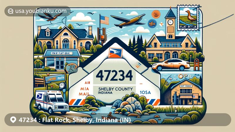 Modern illustration of Flat Rock, Shelby County, Indiana, featuring postal theme with ZIP code 47234, showcasing local landmarks and natural beauty.