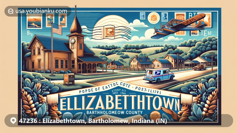 Modern illustration of Elizabethtown, Bartholomew, Indiana, showcasing postal theme with ZIP code 47236, featuring vintage air mail envelope with local stamps and postal truck, capturing town's charm and postal history.
