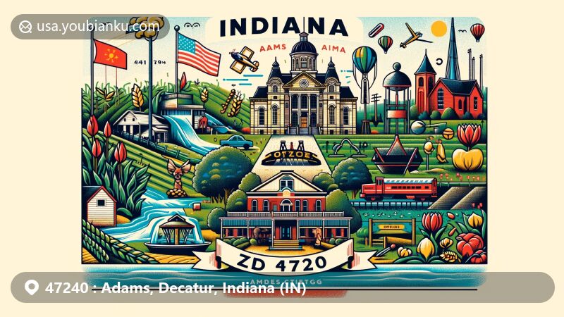 Modern illustration of Adams, Decatur, and Greensburg in Indiana, showcasing rural charm, historical significance of Decatur, and the climate of Greensburg, with postal elements like a postmark, Indiana state flag stamp, and ZIP code 47240.