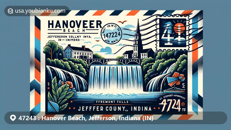 Modern illustration of Hanover Beach, Jefferson County, Indiana, showcasing postal theme with ZIP code 47243, featuring Fremont Falls and landmarks like Hanover College and St. Stephen's African Methodist Episcopal Church.