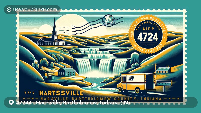 Modern illustration of Anderson Falls, Hartsville, Bartholomew County, Indiana, featuring postal theme with ZIP code 47244, showcasing unique landscape and natural beauty.