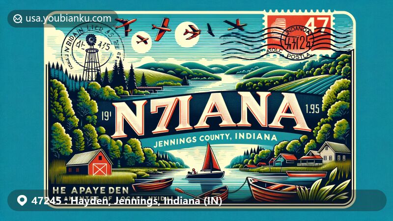 Modern illustration of Hayden, Jennings County, Indiana, featuring ZIP code 47245, showcasing local and postal themes with depictions of forests, rivers, and Ohio River, integrating vintage postcard style with outdoor activities like boating and hiking.