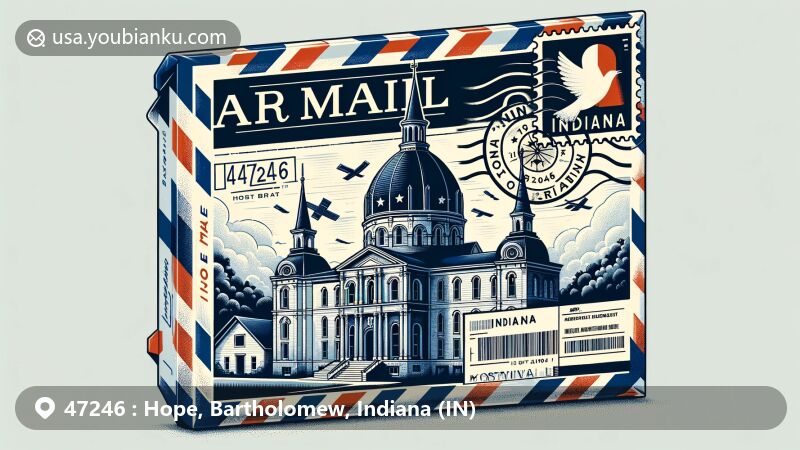 Modern illustration of Hope Historic District, Indiana, with air mail envelope featuring Indiana's Moravian heritage, state symbols, and ZIP code 47246.