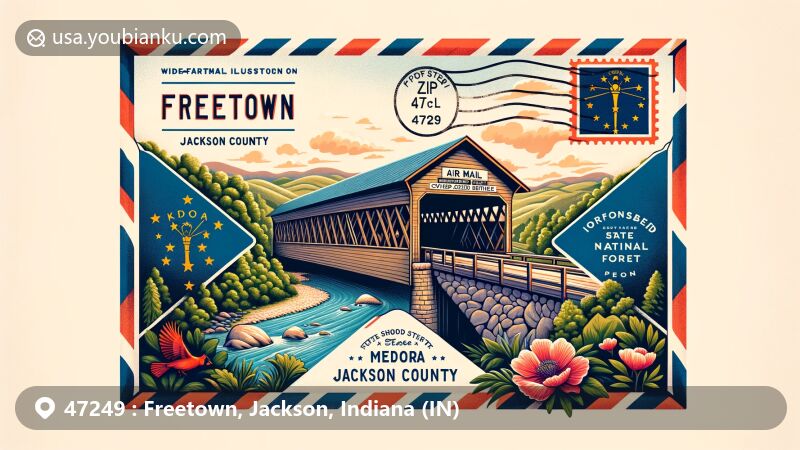 Modern illustration of Freetown, Jackson County, Indiana, featuring vintage air mail envelope with ZIP code 47249, showcasing Medora Covered Bridge, Hoosier National Forest, Northern Cardinal, Peony, and Indiana state flag.