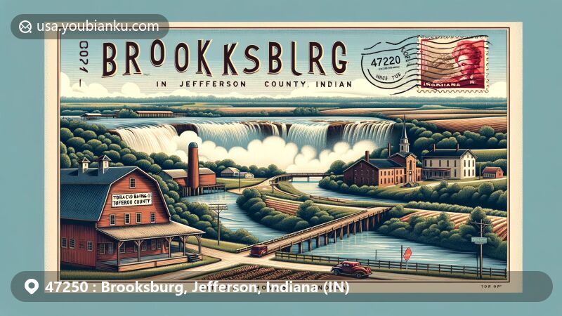 Modern illustration of Brooksburg, Jefferson County, Indiana, showcasing historic town along the Ohio River with tobacco barns and the 'Webster' house, featuring natural beauty and Indiana's diverse landscapes.
