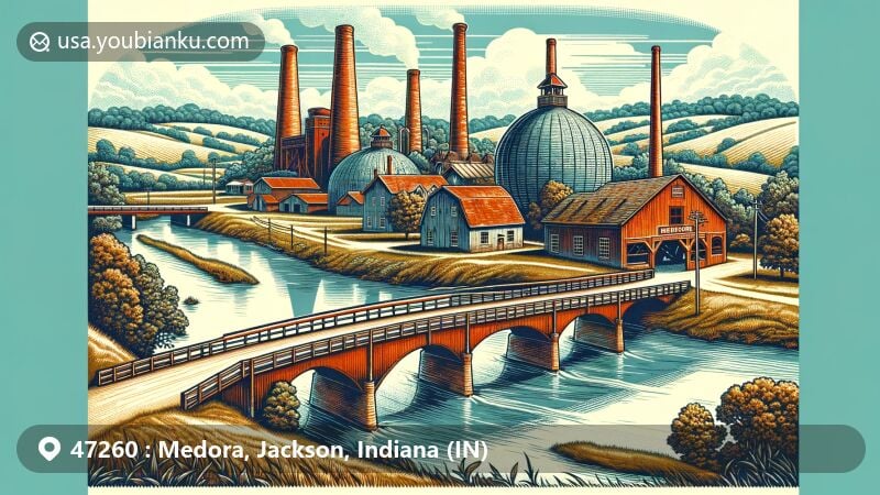 Modern illustration of Medora, Jackson County, Indiana, showcasing Medora Brick Plant and Medora Covered Bridge, significant landmarks reflecting the town's industrial and architectural heritage.