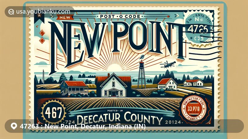Illustration of New Point, Decatur County, Indiana, showcasing rural charm with typical countryside scenery of cottages and farmland under a tranquil blue sky, featuring Decatur County insignia and vintage postal elements with ZIP code 47263.