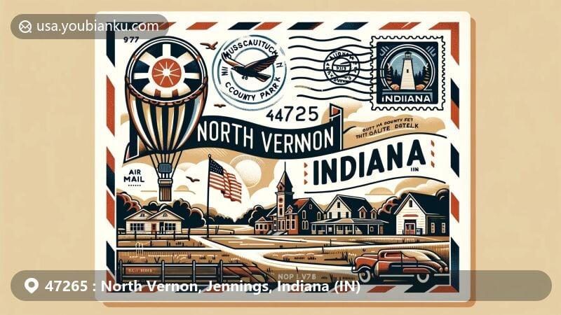 Modern illustration of North Vernon, Indiana, showcasing Muscatatuck County Park and a classic postal theme with ZIP code 47265, featuring Indiana state flag postage stamp and postmark.