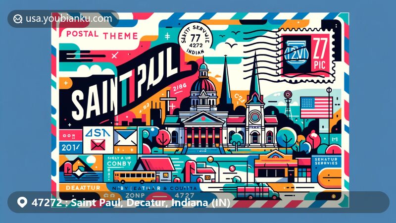 Modern illustration of Saint Paul, Decatur and Shelby counties, Indiana, displaying postal elements such as post stamp, postmark, and ZIP code 47272 in a vibrant postcard design.