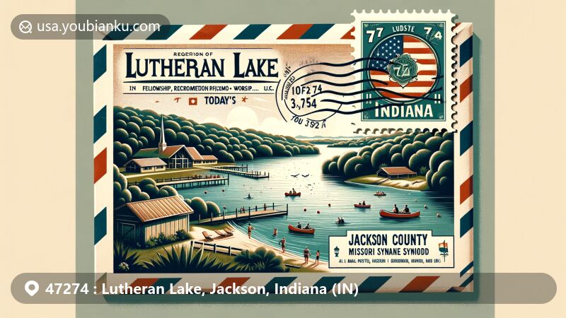 Modern illustration of Lutheran Lake, Jackson County, Indiana, showcasing postal theme with ZIP code 47274, featuring fellowship, recreation, and worship at the Lutheran Church, Missouri Synod, highlighting water activities and lush greenery.