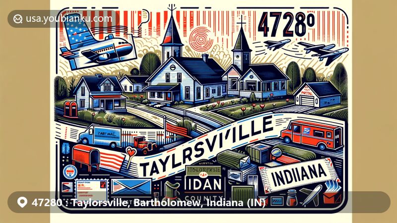 Modern illustration of Taylorsville, Bartholomew County, Indiana, with postal theme and ZIP code 47280, featuring iconic landmarks and postal service elements.