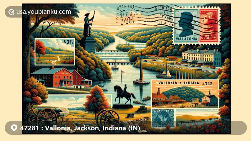Modern illustration of Vallonia, Indiana, showcasing postal theme with ZIP code 47281, featuring Fort Vallonia and Starve Hollow State Recreation Area.