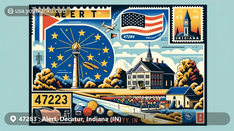 Modern illustration of Alert, Decatur County, Indiana, featuring ZIP code 47283, rural Indiana landscape, state flag, postal elements, Decatur County Courthouse, local flora and fauna.