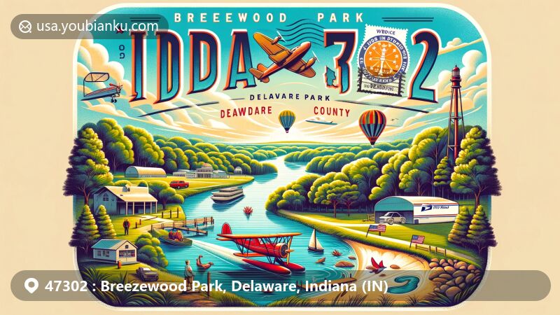 Modern illustration of Breezewood Park, Delaware County, Indiana, capturing the state's lush greenery, rivers, and landscapes, highlighted by the outline of Indiana and landmarks like the Indiana State Museum.