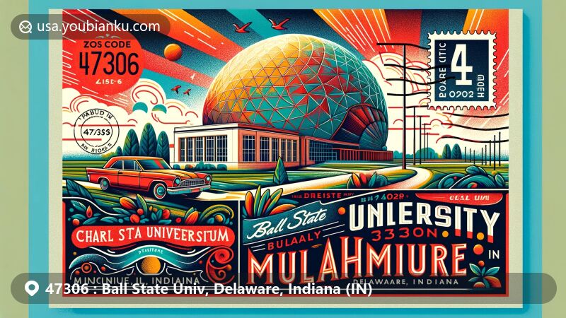 Modern illustration of Ball State University and Muncie, Indiana, with Charles W. Brown Planetarium, vibrant postcard design, and postal theme highlighting ZIP code 47306.