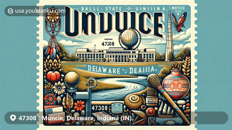 Modern illustration of Muncie, Delaware, Indiana, highlighting the ZIP code 47308 and Ball State University landmarks, incorporating Native American Lenape culture elements, local flora, and the White River.