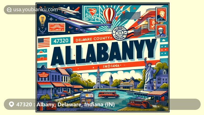 Modern illustration of Albany, Indiana, featuring ZIP code 47320 and postal theme, showcasing local parks, eateries, and the Albany Freedom Festival within a vintage air mail envelope design.