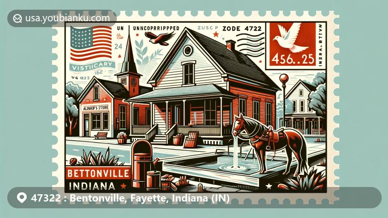 Modern illustration of Bentonville, Fayette County, Indiana, featuring Alfred Loder's store from 1848 and the William Lowry House from around 1825, with postal elements, Indiana state symbols, and historic frontier town motifs.
