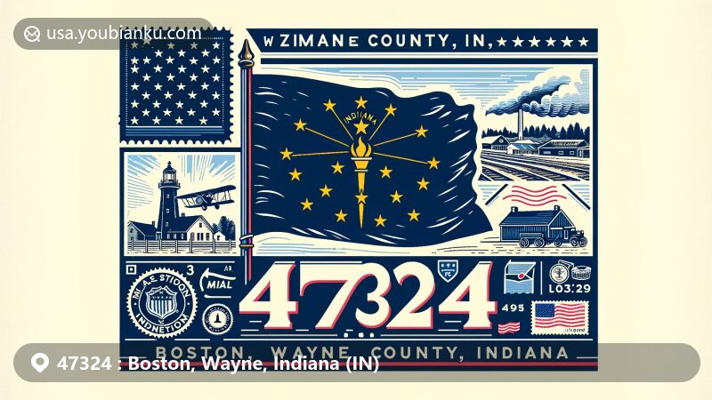 Modern illustration of Boston, Wayne County, Indiana, featuring postal heritage with ZIP code 47324, incorporating Indiana state flag elements and vintage air mail envelope, highlighting historical and local significance.