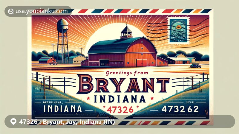 Modern illustration of Bryant, Indiana, showcasing postal theme with ZIP code 47326, featuring Rebecca Rankin Round Barn and Indiana state flag.
