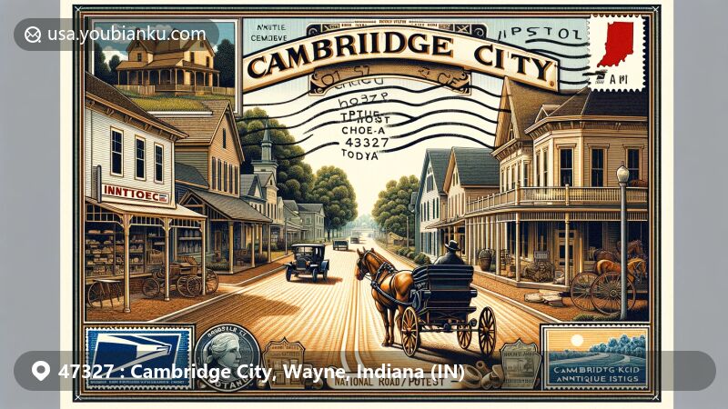 Modern illustration of Cambridge City, Indiana, featuring Historic National Road and Huddleston Farmhouse, intertwined with postal themes and Single G mural, accentuated by antique shops and diverse architectural styles.