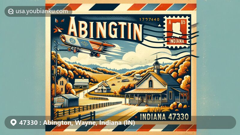 Modern illustration of Abington, Wayne County, Indiana, blending postal theme with ZIP code 47330, showcasing hilly and wooded landscape ideal for fall drives, featuring old-fashioned general store and vintage airmail envelope with Indiana state symbols.