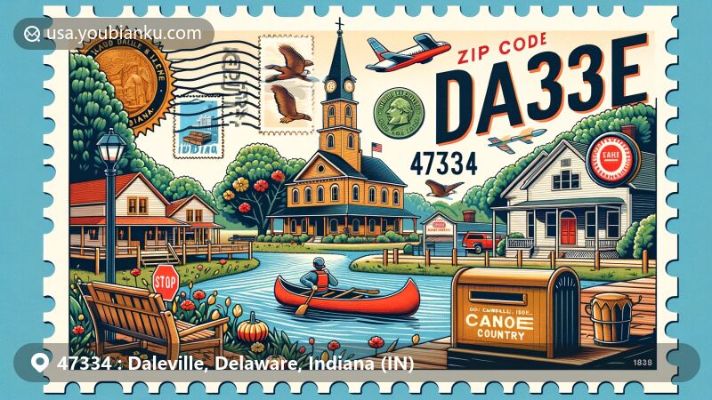 Modern illustration of Daleville, Indiana, blending local charm and postal themes in a wide postcard design, showcasing community spirit, recreational opportunities, and historical founding by Alexander Campbell Dale in 1838.