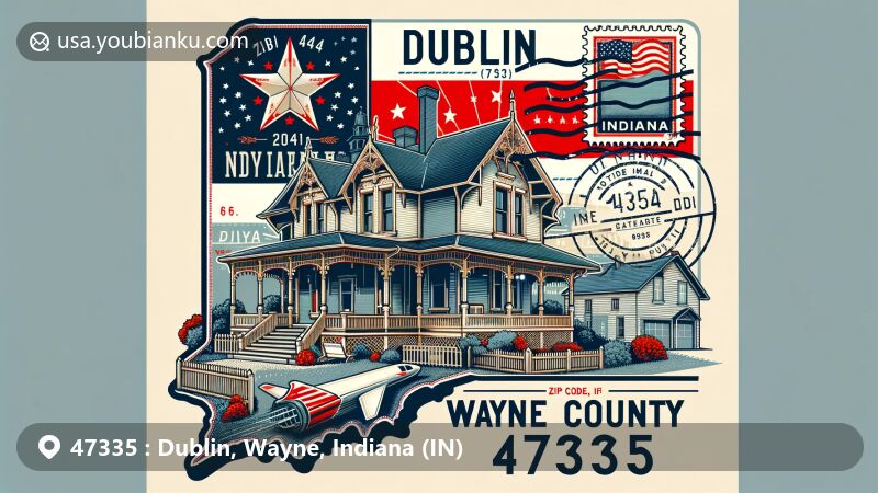 Modern illustration of Dublin, Wayne County, Indiana, highlighting postal theme with ZIP code 47335, featuring the historic Witt-Champe-Myers House and Indiana state symbols.