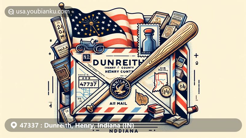 Modern illustration of Dunreith, Henry County, Indiana, featuring air mail envelope showcasing area's characteristics, Indiana state flag, detailed map of Henry County with Dunreith location highlighted, vintage postal stamp themed around National Trail Antique Mall, vintage antiques spilling from envelope.