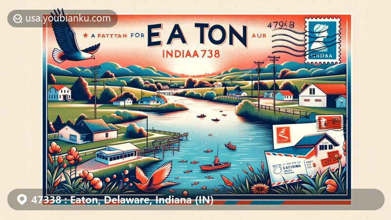 Modern illustration of Eaton, Delaware County, Indiana, featuring postal elements like a postcard and postage stamps, depicting rural community vibes, outdoor activities, rolling hills, and local flora, reflecting tranquil natural environment.