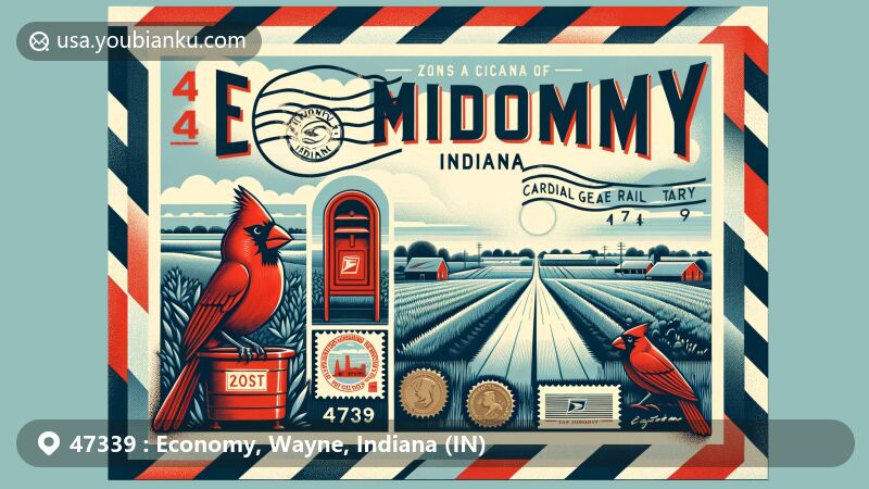 Modern illustration of Economy, Indiana, combining postal heritage with Indiana state symbols, featuring ZIP code 47339, including state flag, northern cardinal, and rural scenery.