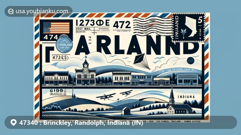 Modern illustration of Farmland, Randolph County, Indiana, featuring vintage-style airmail envelope with elements representing the area, including rolling hills, Cabin Creek Raised Bog, and tribute to 'Kite Man' Ansel Toney, incorporating architectural style of Farmland Downtown Historic District and a kite symbolizing Toney. Also includes Indiana state flag, postal markings, stamp with Indiana flag, and prominent ZIP code '47340'.
